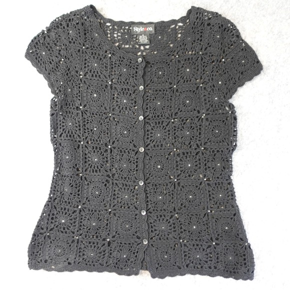 Style & Co. Sweaters - Vintage 90s Crochet Cardigan Womens Medium Black Beaded‎ Granny Square Top Ramie